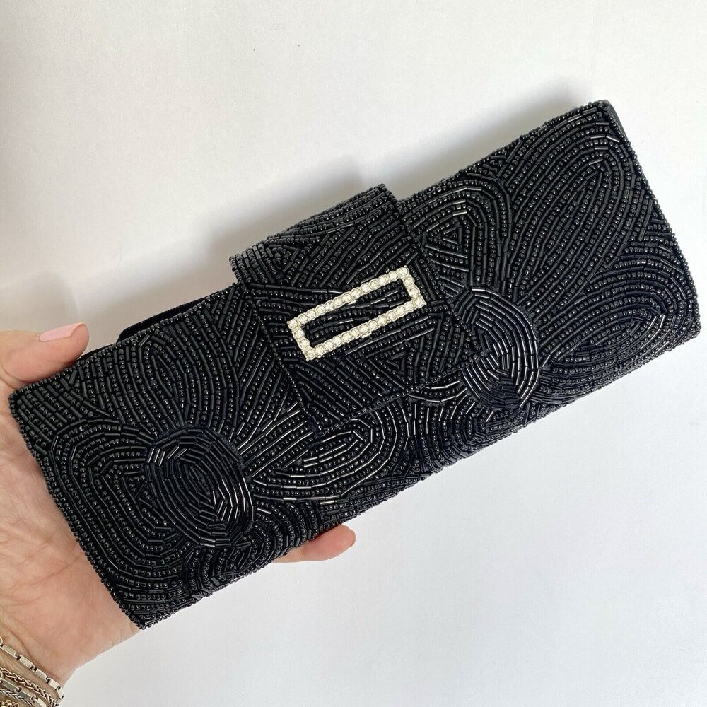 Carlo Fellini Clutch Black Beaded Evening Bag With Mirror Magnetic Closure Purse